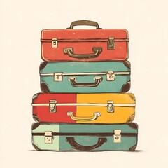 Stacked vintage suitcases, colorful, retro travel illustration, for design, prints, patterns