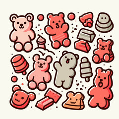 Gummy Bear Summer Fun: A delightful collection of gummy bears in various poses and colors, accompanied by summer treats like ice pops and candy, creates a cheerful and playful scene.