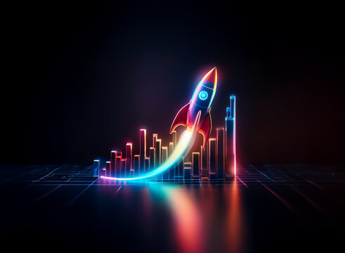 Neon rocket launching from a glowing bar graph against a dark backdrop, symbolizing business growth and success in a modern digital world.