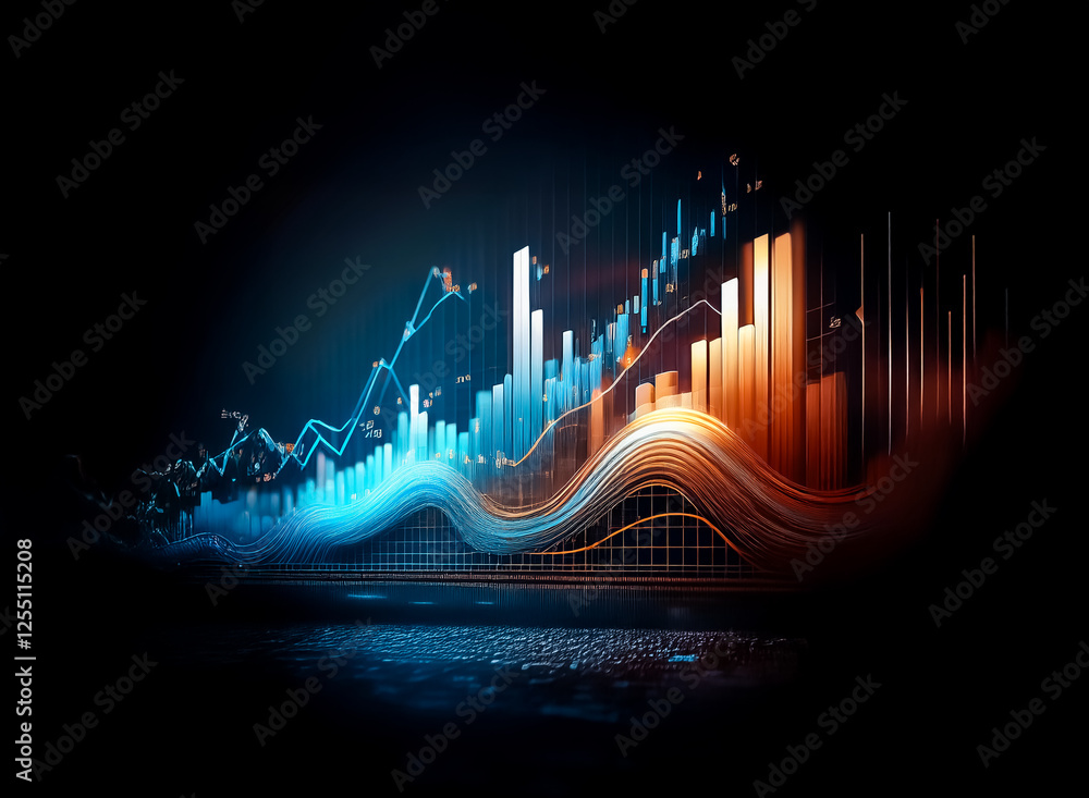 Aufkleber abstract glowing graph with ascending bars and wavy lines against a dark background, depicting data 