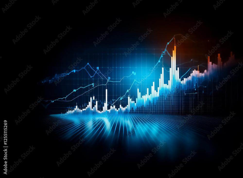 Poster abstract glowing graph with blue and orange hues on a dark background, depicting data visualization 