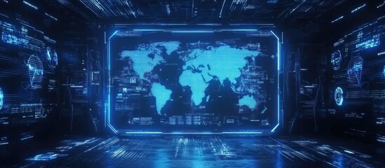 Global Network Visualization: Futuristic Digital World Map Interface