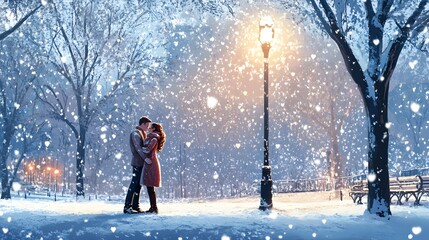 Couple enjoying a snowy evening, cozy embrace under a streetlamp, surrounded by snow-covered trees, romantic atmosphere.