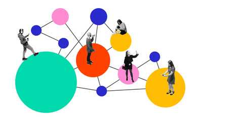 Group of five people using smartphones and tablets on multicolored network nodes, reflecting digital connectivity, online engagement, and diverse interactions in social media space.