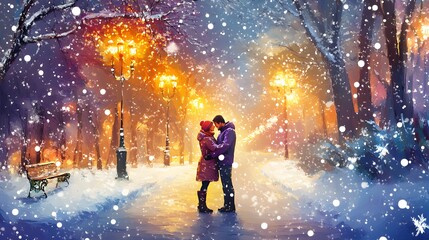 Fototapeta premium Couple embracing in snowy street, romantic scene with glowing lights, intimate winter atmosphere, perfect for love themes.