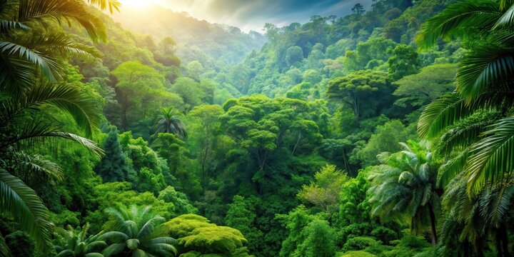 Dense foliage and vibrant greenery in a lush forest canopy , lush, greenery,  lush, greenery