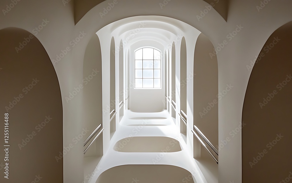 Poster empty arched hallway with light streaming through window. possible use stock photo
