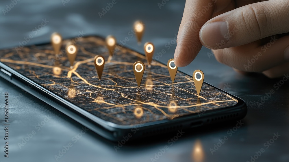 Poster hand interacts with mobile map displaying multiple location pins on a tabletop, illustrating navigat