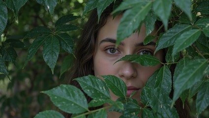 An enchanting image of a womans eye peeking through lush forest leaves evoking curiosity and wonder Perfect for nature and mystery themes