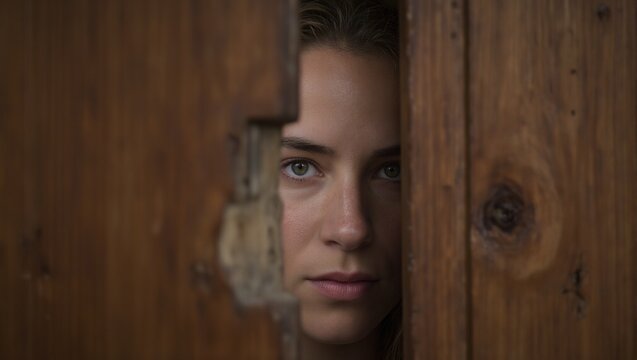 Mysterious womans eyes peeking through cracked wooden door emitting a sense of anticipation and intrigue - Powered by Adobe