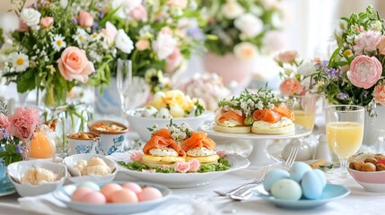 A joyful Easter brunch table featuring Eggs Benedict with Smoked Salmon, pastel-colored Easter eggs, and a floral centerpiece in soft spring hues