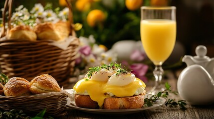 A luxurious Easter breakfast with Eggs Benedict, a basket of freshly baked pastries, and a fine crystal glass of orange juice