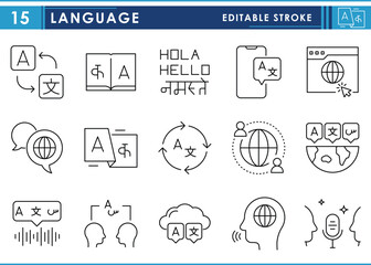 A set of line icons related to Language. Various languages, translate, worldwide, communicate, speak, and so on. Vector editable stroke.