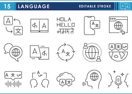 A set of line icons related to Language. Various languages, translate, worldwide, communicate, speak, and so on. Vector editable stroke.