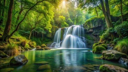 waterfall cascading down rocks into a serene forest stream, surrounded by lush greenery and towering trees, water flow