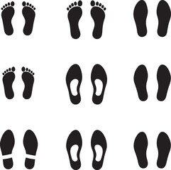 Person barefoot and footprint Symbols leg step silhouette human feet icon people shoe print Different black graphic sign legs and shoes sole Vector illustration