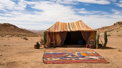 Majestic desert oasis: A nomadic Berber tent under the expansive blue sky