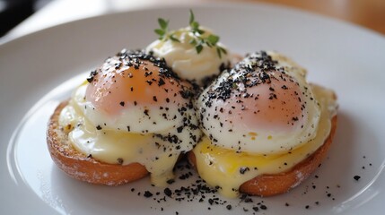 A minimalist high-end plating of Eggs Benedict, with a modern touch of charcoal salt flakes and a small quenelle of herb-infused butter