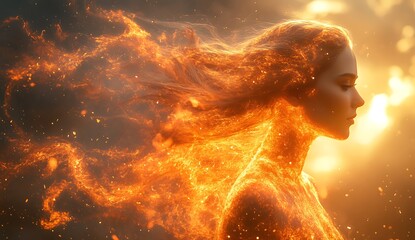 Silhouette of a Woman Surrounded by Swirling Flames in Bright Sunlight

