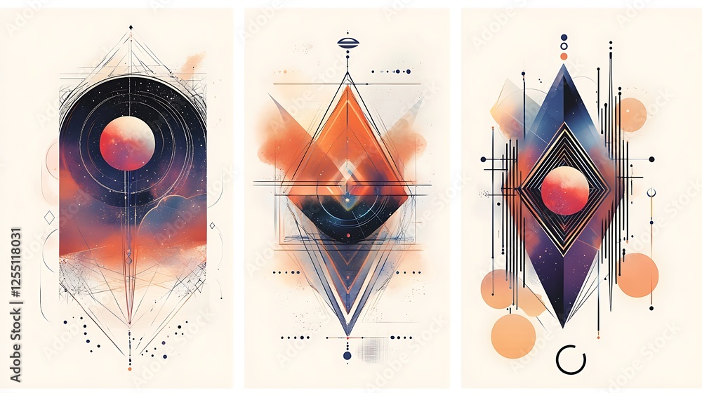 Poster abstract cosmic art triptych; celestial, geometric designs; calming background; website, print use