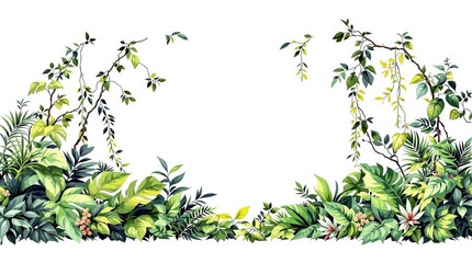 Botanical border with lush greenery and tropical leaves on white background