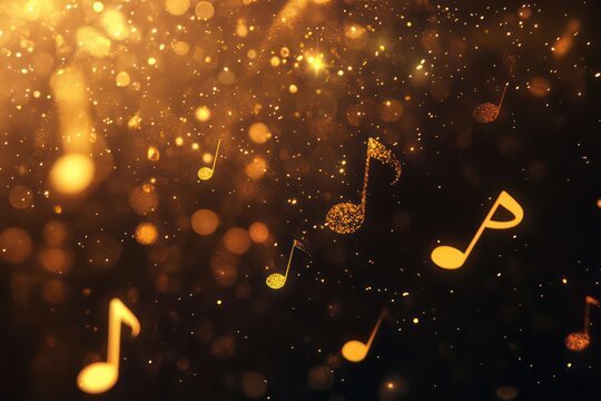 A dazzling golden bokeh backdrop with abstract music notes shimmering in a dark party atmosphere.
