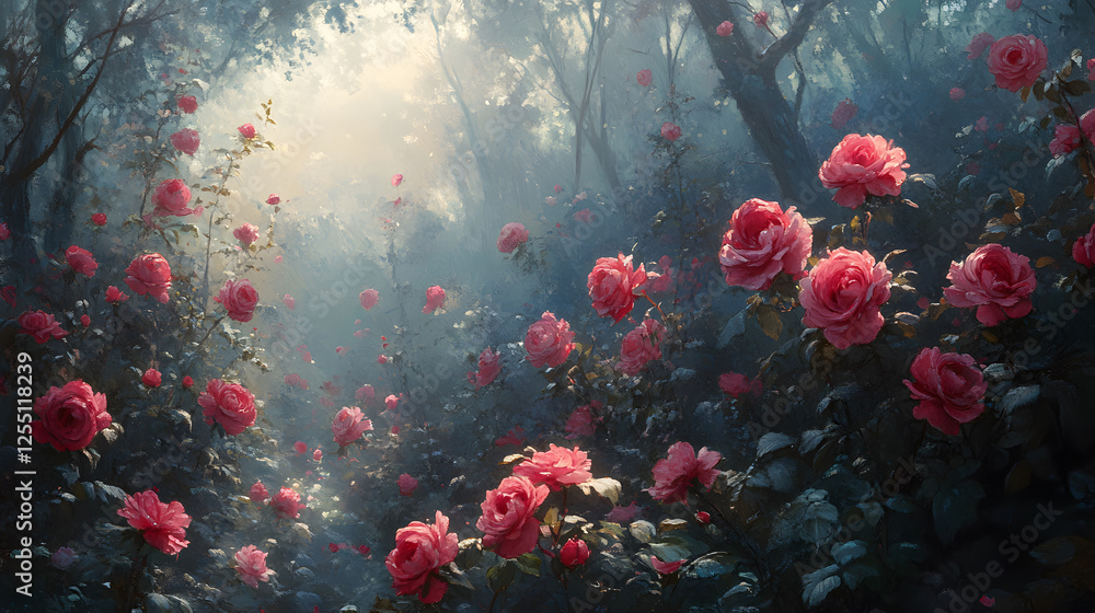 Poster a serene forest filled with blooming pink roses, illuminated by soft light, creating a dreamy and en