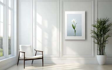 White flower in a room, interior design, light, still life, aesthetic image, use in a design magazine or catalog