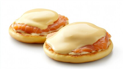 A perfectly plated Easter Eggs Benedict with Smoked Salmon, topped with a silky hollandaise sauce, isolated on a clean white background