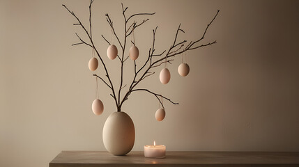 Easter decoration with egg ornaments hanging on branches in a vase, and a lit candle on a table.