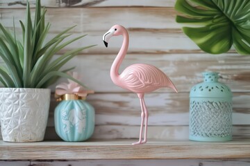 Obraz premium A decorative pink flamingo figurine standing on a wooden shelf with soft pastel decor.