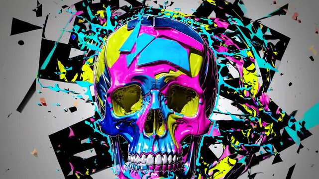 Colorful skull exploding with vibrant paint splatter creating a visually striking and dynamic artwork with a modern and edgy aesthetic. Perfect for any project needing a touch of rebellious energy