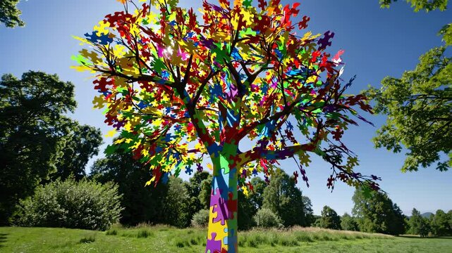 Vibrant puzzle pieces forming a tree symbolize autism awareness, standing in a green park under a clear blue sky, promoting understanding and acceptance of neurodiversity
