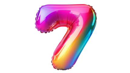 Vibrant Multicolored Balloon Number Seven: Futuristic and Reflective 3D Design with Chromatic Gradient Effect for Modern Digital and Print Applications