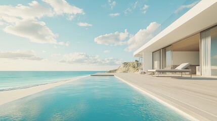The image shows a beautiful modern luxury villa with a stunning view of the ocean. The villa is located on a sandy beach with crystal clear blue water and white sand. The sky is a beautiful