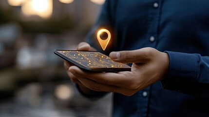 Businessman engages with a virtual map and location pin on a mobile screen while preparing for travel during twilight hours