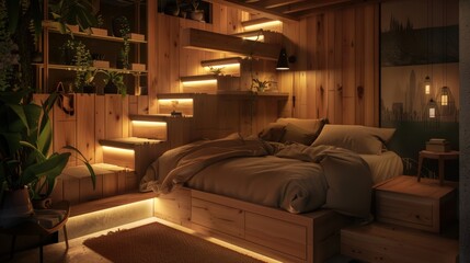 Cozy Wooden Bedroom with Integrated Staircase and Warm Lighting