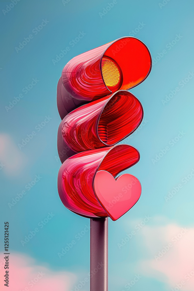 Poster a creative red traffic signal featuring a heart symbol, blending urban design with emotion in a brig