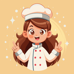 Cute Bakery chef girl welcomes smiling cartoon art illustration logo