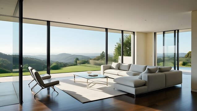 Fototapeta Living room in modern house overlooking the view