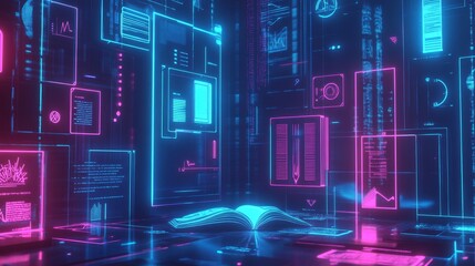 Futuristic Digital Library with Neon Graphics and Interactive Elements
