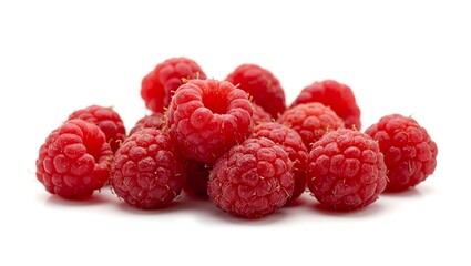 Fresh raspberries on clean white surface showcasing their vibrant red hue and juicy appeal perfect for food and health designs