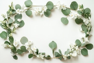 Fototapeta premium A delicate hand-painted floral frame with eucalyptus leaves and jasmine blossoms, perfect for wedding and event stationery.