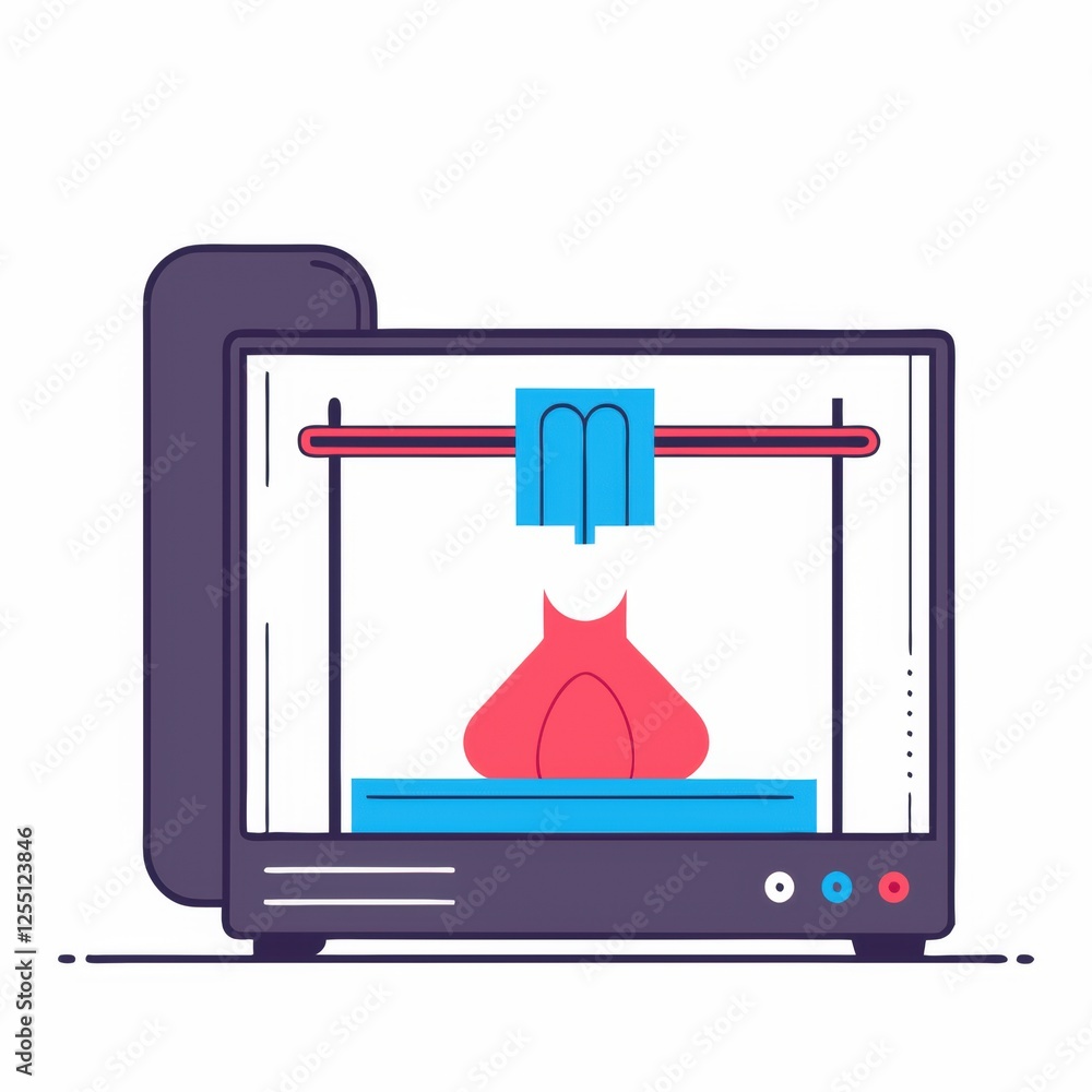 Poster minimalist flat design of a modern 3d printer creating a red object