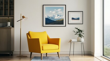 Modern room with yellow chair and mountain prints