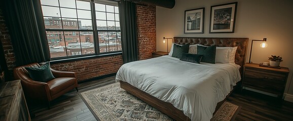 Luxurious hotel bedroom with king-size bed, exposed brick wall, and city view.