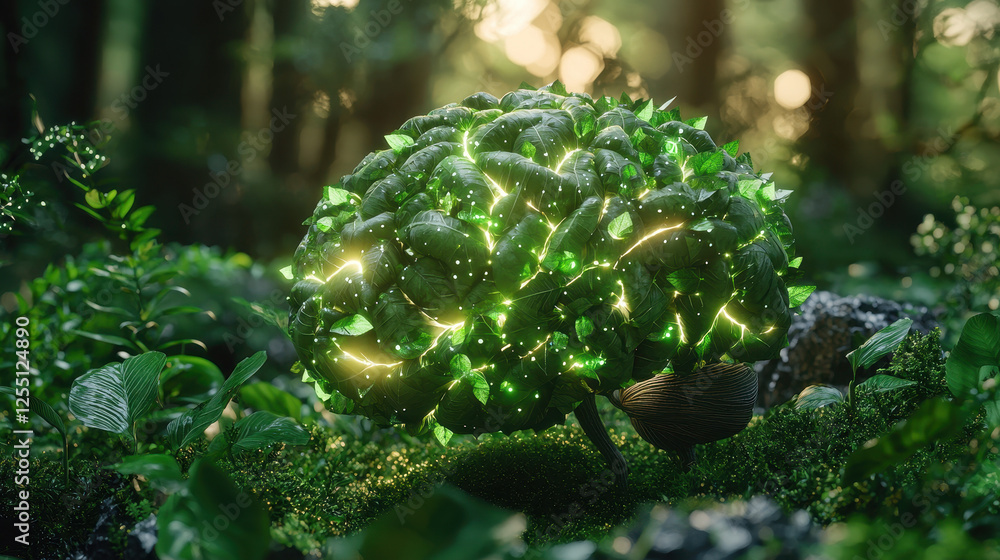 Poster hyper-realistic visualization of an ai brain made of leaves in a glowing digital landscape highlight