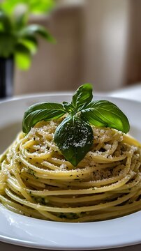
STYLE: Close-up Shot right view | EMOTION: realistic as possible | SCENE: Creamy Avocado Pasta Ingredients: - 2 ripe avocados - 1 tablespoon of olive oil - 2 cloves of garlic - Salt and pepper to tas