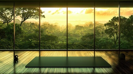 Naklejka premium A serene yoga studio with a black mat, overlooking a lush green forest at sunrise, creating a tranquil atmosphere perfect for meditation and mindfulness.