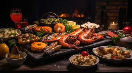 salmon table of grilled food